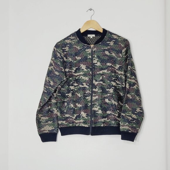 OVS Women's Green Black Camo Ribbed Cuffs Lightweight Full-Zip Bomber Jacket SzL - Picture 2 of 11